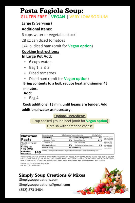 Pasta Fagiola Soup Gluten Free / Low Sodium / Vegan