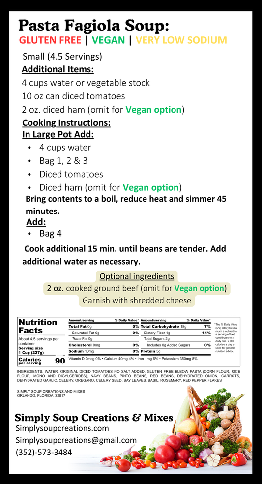 Pasta Fagiola Soup / Gluten Free / Low Sodium / Vegan
