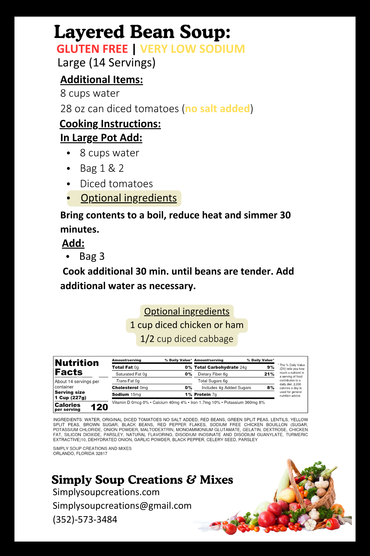 Layered Dried Bean Soup / Gluten Free / Low Sodium