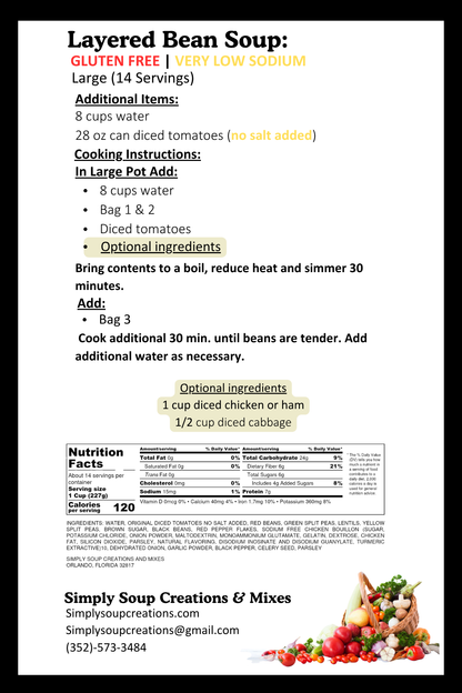 Layered Dried Bean Soup / Gluten Free / Low Sodium