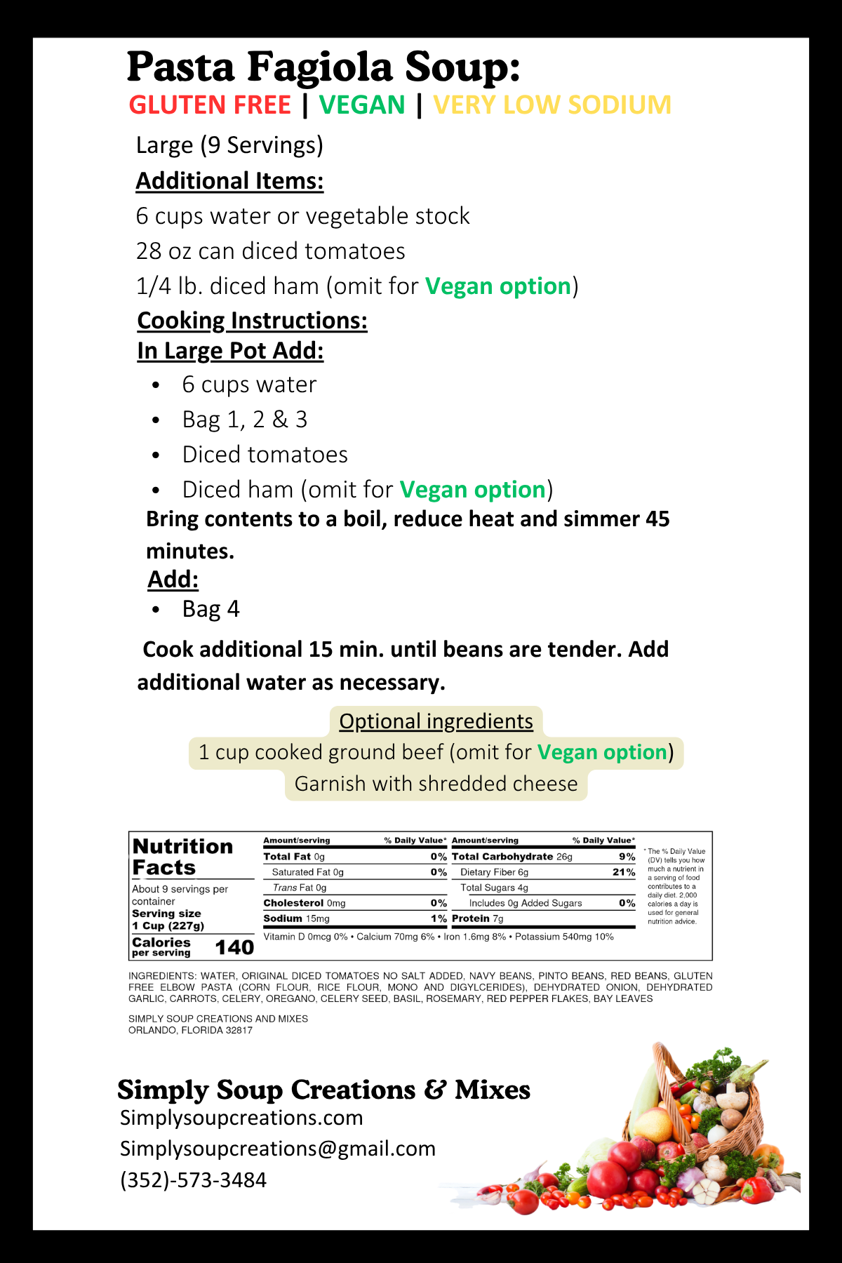 Pasta Fagiola Soup Gluten Free / Low Sodium / Vegan