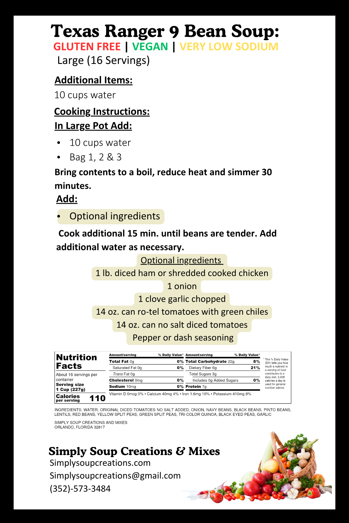 Texas Ranger 9 Bean Soup / Gluten Free / Low Sodium/ Vegan