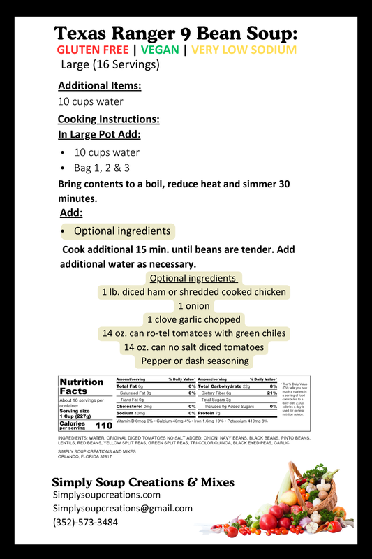 Texas Ranger 9 Bean Soup / Gluten Free / Low Sodium/ Vegan