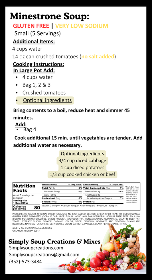 Minestrone Soup / Gluten Free / Low Sodium