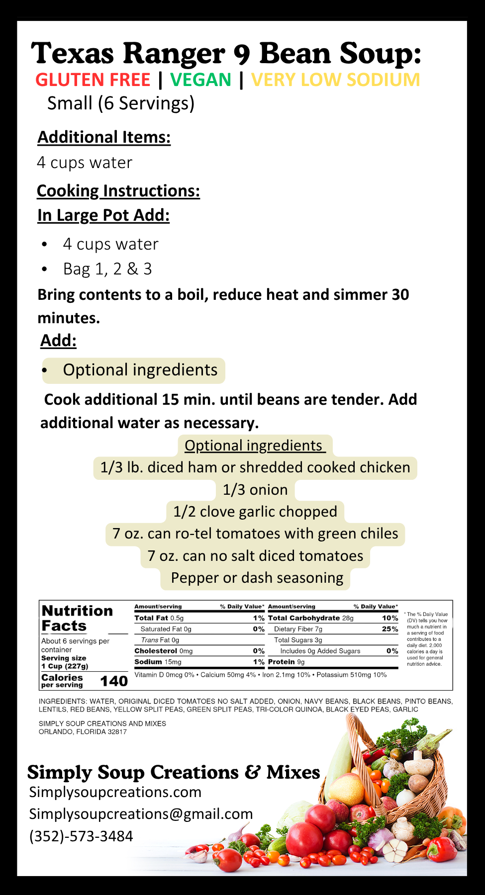 Texas Ranger 9 Bean Soup / Gluten Free / Low Sodium / Vegan