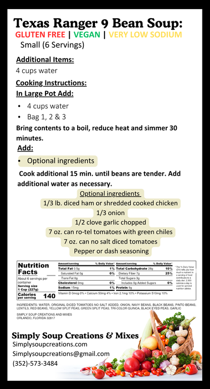 Texas Ranger 9 Bean Soup / Gluten Free / Low Sodium / Vegan