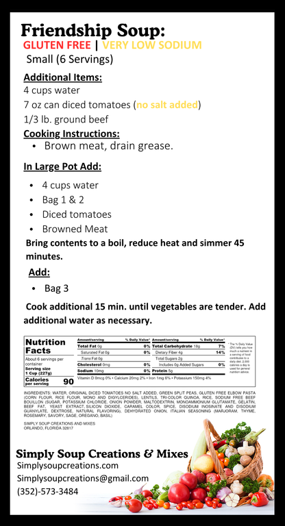 Friendship Soup /Gluten Free / Low Sodium