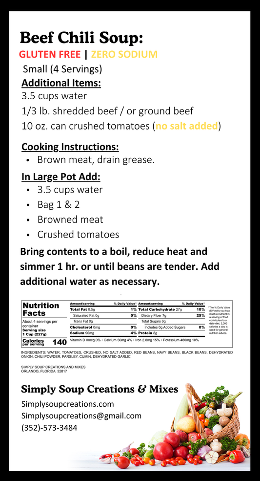 Beef Chili Soup / Gluten Free / Low Sodium