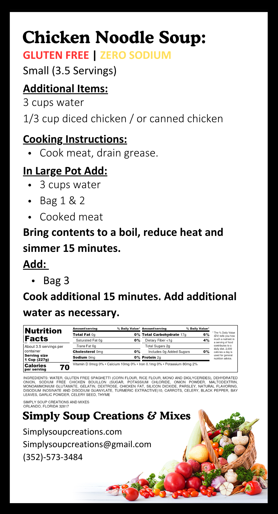 Chicken Noodle Soup /Gluten Free / Zero Sodium